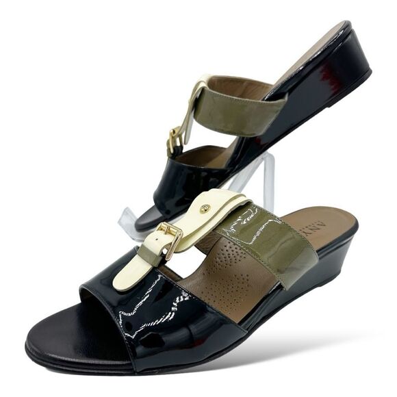 Anyi Lu Lucy Slip On Wedge Patent Leather Sandals Color Block Green/Black/Tan 11 - Picture 3 of 13